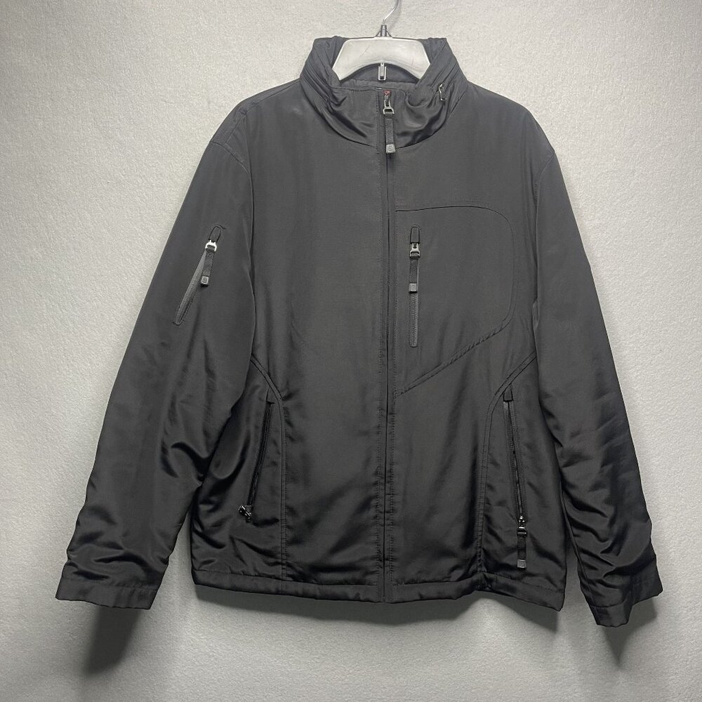 TUMI T-TECH Jacket Mens L Water Resistant Concealed Hood Standing Collar Black